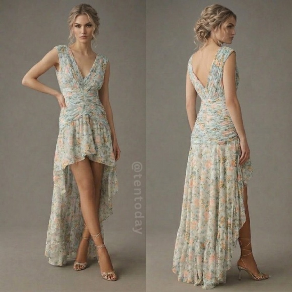 $398 Mac Duggal Size 4 Light Blue Floral Ruched Cap Sleeve High‎ Low Gown Dress - Picture 2 of 5